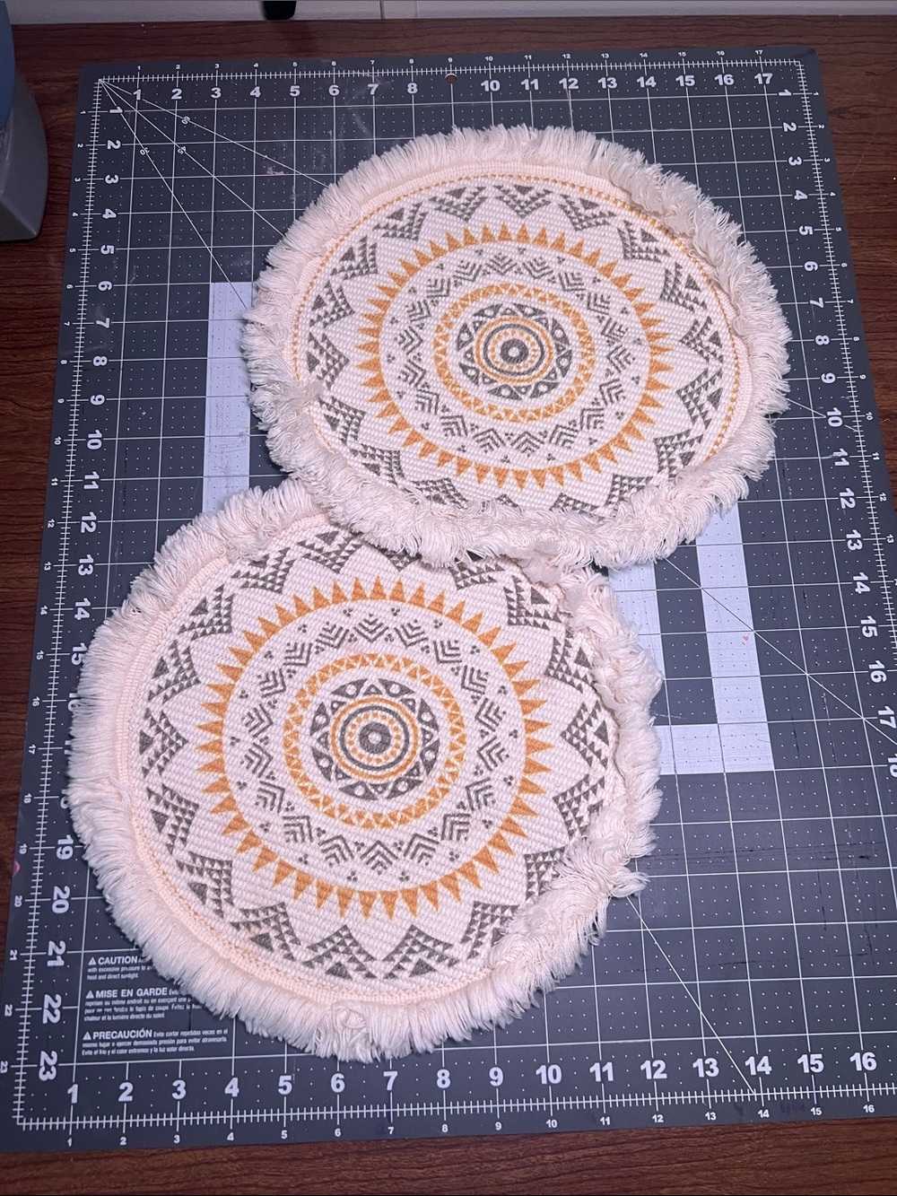 Boho Round Fringe Placemat Pair in Cream, Mustard & Gray - Unbranded